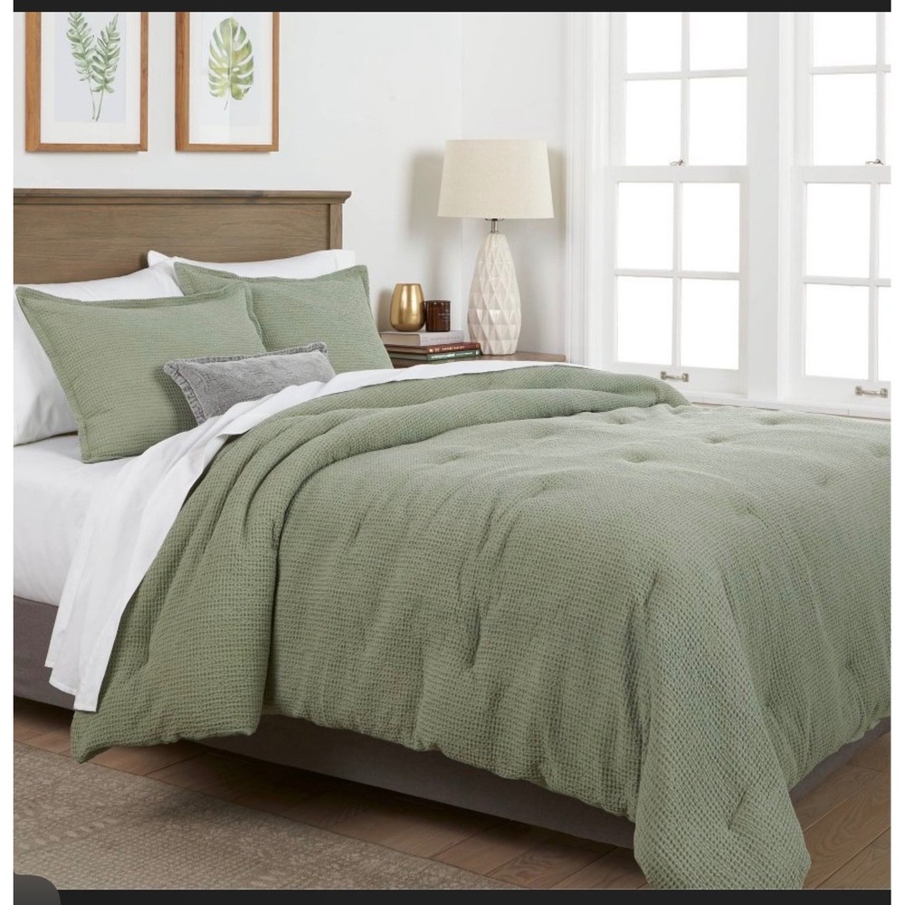 Threshold Waffle Weave Comforter Set King Sage Green 3pc Cotton‎ NWT
